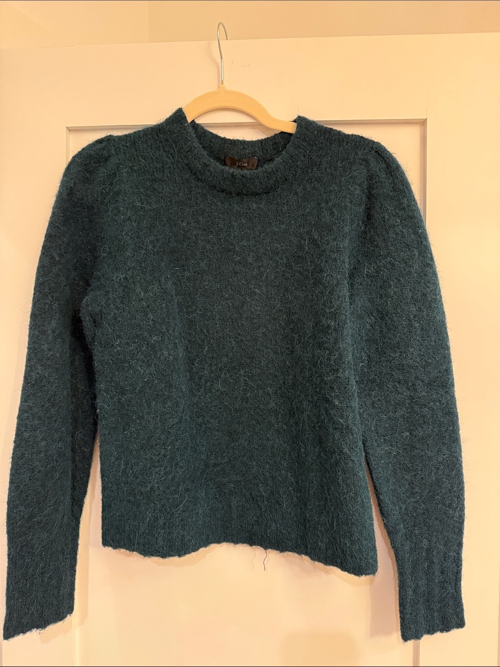 J. Crew Teal Fuzzy Puff-Sleeve Crewneck Sweater
